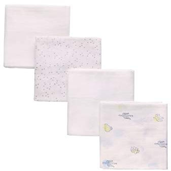 LAT 4 pcs Mantas Bebé,Muselina Manta Bebé, 80 * 80cm Suaves Gasas para Bebes ，100% Algodón Toalla Facial Infantil, Dibujos Animados Paños Muselina Bebe（Blanco）