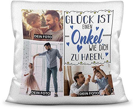 PR Print Royal Kissen inkl. Kissenfüllung mit Fotocollage zum selbst Gestalten mit DREI Fotos und Spruch - Glück ist, einen Onkel wie Dich zu haben - Kissen Weiß flauschig, 40 x 40 cm