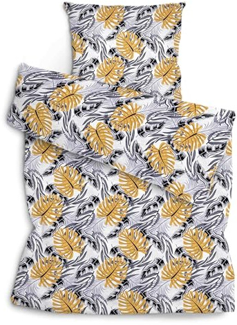 Amilian Bettwäsche Set 2-teilig 135x200 cm + 80x80 cm - 100% Baumwolle, weich, pflegeleicht, für Kinder; Jugendliche; Erwachsene - modernes Design - Monstera Grau Senfgelb
