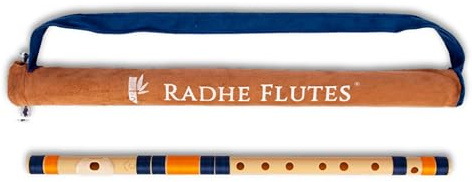 Radhe Flutes C Natural Right Handed Middle Bansuri Dark Blue and Orange Tuned with Tanpura A=440Hz PVC Flute + Velvet Cover + Hindi and English Flute Lessons