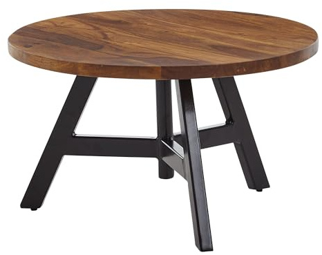 FineBuy Couchtisch Rund 60x60x35 cm Sheesham Massivholz Braun | Wohnzimmertisch Industrial mit stabilem Metallgestell, Sofatisch aus Echtholz, handgefertigtes Unikat