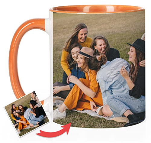 Wanapix | Taza Personalizada con Foto y Texto | Capacidad de 325ml | Taza de Cerámica con Diseño Único | Regalo para Amigos y Familiares | Apta para Microondas | Interior y Asa Color Naranja