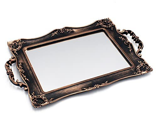 Tstarer Antikes dekoratives Spiegeltablett mit goldfarbenem Rahmen, Schmuck- und Kosmetik-Organizer für Kommode, quadratisch, 24,1 x 36,8 cm (B x L) (Bronze)
