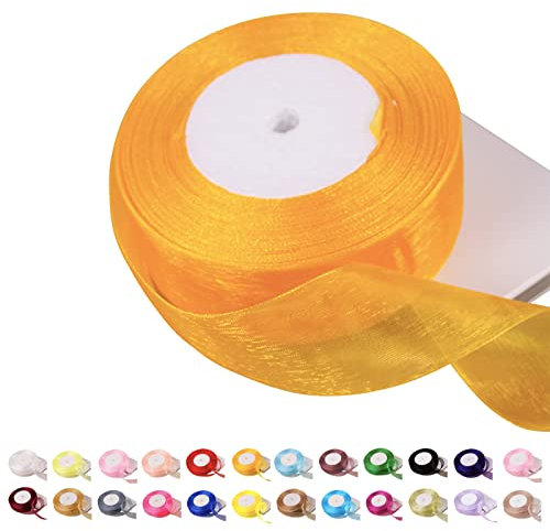 Ruban en Organza Doré 39 mm x 45 m, Mousseline de Soie Transparente pour Noël, Travaux Manuels, Couronnes, Nœuds pour Cheveux, Emballage Cadeau, Mariage