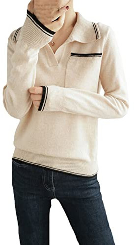 Mokkpeq Collar Sweater for Women Long Sleeve Loose Knit Jumper Pullover Pure Wool Sweater Lapel Slim Warm Shirt 2 Xs