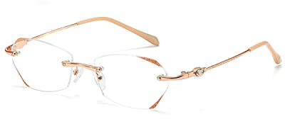 TERAISE Rahmenlose Lesebrille für Frauen mit Blauem Licht Blocking, Mode Diamantschnitt Rimless Brillen (3.5,Gold)
