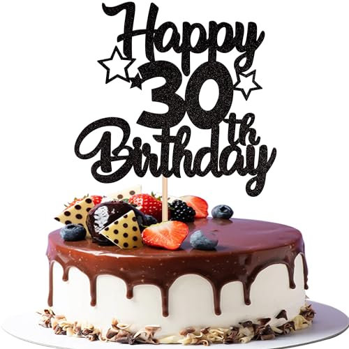 SYKYCTCY 1 Pack Happy 30th Birthday Cake Topper Glitter Heart Star 30 Fabulous Cake Pick Birthday Sign Cake Decorations for 30th Birthday Theme Party Supplies Black
