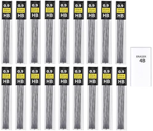 KMEIVOL 360 Stück Bleistiftminen 0,9 mm, Bruchfeste HB Bleistiftminen 0,9 mit 1 Radiergummi für Druckbleistifte 0,9