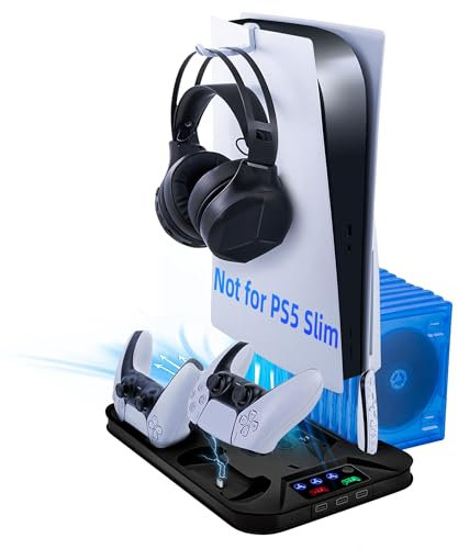 Mcbazel PS5 Supporto di Ricarica per Raffreddamento Regolabile con Gancio per Cuffie, LED Stazione di Ricarica per Doppio Controller con Dischi per Playstation 5 Console-Nero(Non per PS5 Slim/PS5 PRO)