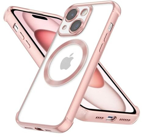 Kaywzo Antichoc Coque pour iPhone 15,Housse Étui en Transparent TPU Compatible avec Magsafe,Protection Résistant Aux Chocs 4 Coins,Galvanisé Silicone Case Cover,Rose