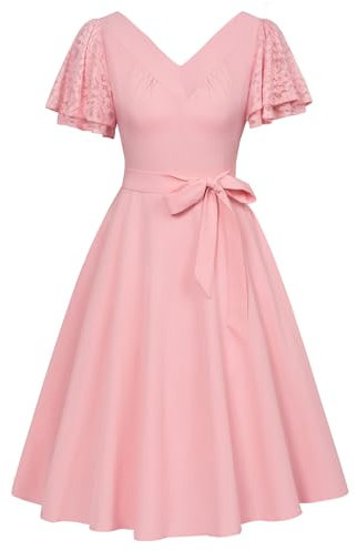 Belle Poque Robe d'été à manches courtes en dentelle pour femme - Col en V - Robe trapèze avec ceinture, rose clair, S