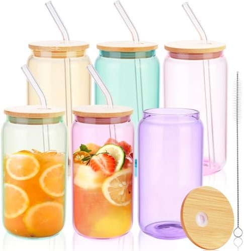 6 Pcs colored Drinking Glasses with Bamboo Lids and Glass Straw - 16 Oz Can Shaped Glass Cups Beer Glasses Ice Coffee Glassware Sublimation Blanks Tumbler for Water Soda Boba Tea Cocktail Glass Set
