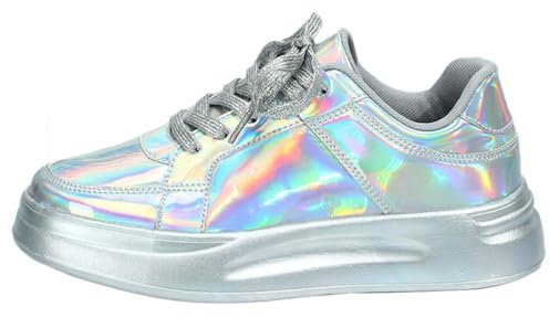 Onsoyours Damen Pailletten Sneakers Glitzer Low Plateau Walkingschuhe Freizeitschuhe Schnürer Sportschuhe Glänzende Atmungsaktiv Strass Glitzer Turnschuhe Laufschuhe A Silber-1 44 EU