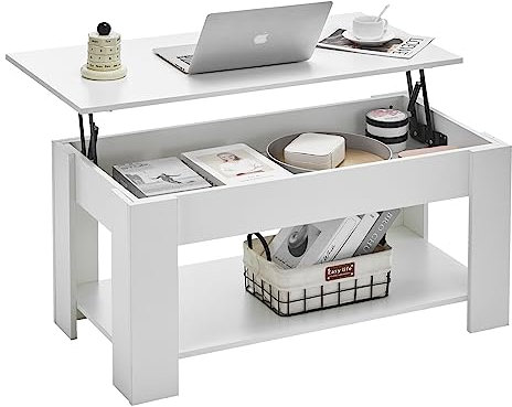 CLIPOP Höhenverstellbarer Couchtisch Platte Holz Kaffeetisch Wohnzimmertisch mit Offener und Versteckter Stauraum Ausziehbarer Beistelltisch Sofatisch,100 x 50 x (43-55) cm (Weiß)