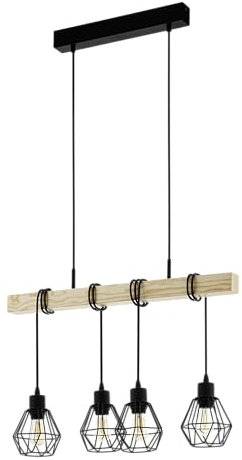 EGLO Pendellampe Townshend 5, 4 flammige Vintage Pendelleuchte im Industrial Design, Retro Hängelampe aus Stahl und Holz, Farbe Schwarz, braun, FSC Zertifiziert, E27