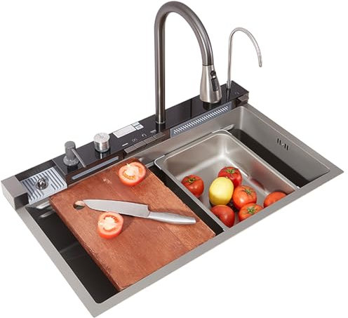 Fregadero de cocina en cascada de doble salida, fregadero multifuncional inteligente gris plateado, fregadero con pantalla Digital de acero inoxidable 304