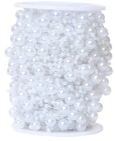 JVHLOV 30Metre Fishing Line Artificial Pearl Beads String Chain Garland, Garland Bead Ribbon, for Wedding DIY Craft Party Table Decoration (White/Beige) (White)