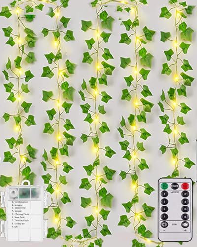 Joysing Guirnalda de vides con luces de hadas de 10 m, 100 luces LED de hiedra, funciona con pilas, con control remoto, 8 modos, guirnalda de hiedra artificial, impermeable, luces de hoja para