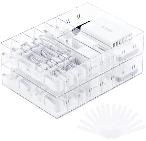 FRETONBA 2Pcs Cable Charger Organizer Box, Large Cords Storage Organizer with Adjustable Compartments and Wire Ties, Stackable Cord Organizer for Drawer - Clear