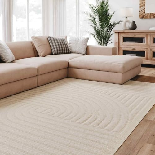 Interiyou Tapis Salon à Poils Courts Lecce - 120x170 Crème - Intérieur pour Chambre, Bureau, Couloir - Motif bohème scandinave avec Effet 3D - Design géométrique Plat