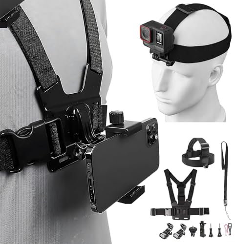 Phone Chest Mount Harness Holder Kit, Head Strap Holder & Mobile Phone Strap Clip for Filming Video, Adjustable & Stability Body Mount for GoPro 12/11/10 DJI Osmo & Most Phones Action Cameras POV/VLOG