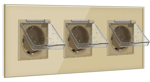 BSEED Enchufe Pared Schuko con Tapa Impermeable, Enchufe Triple 3 Gang, Enchufes Pared 16Amp Oro, Enchufes de Extensión