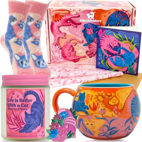Milk & Whiskers Cat Gifts for Women | Hand-Illustrated Cat Gift Box with Large Cat Mug, Scented Candle, Luxury Fluffy Socks & More | Cat Gifts, Cat Lovers Gifts for Women, Cat Mugs for Cat Lovers