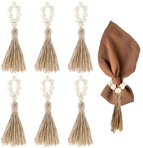 Tucnoeu 6 Stück Natürliche Serviettenring Holz mit Quasten, Dehnbare Boho Serviettenring Perlen für Hochzeit, Weihnachten, Bauernhaus, Tischdekoration