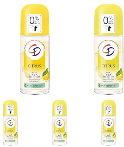 CD BIO Deo Roll-On 'Citrus', 50 ml, Deodorant ohne Aluminiumsalze, langanhaltender Schutz für 48 h, veganes Hautpflegeprodukt, für empfindliche Haut geeignet (Packung mit 5)