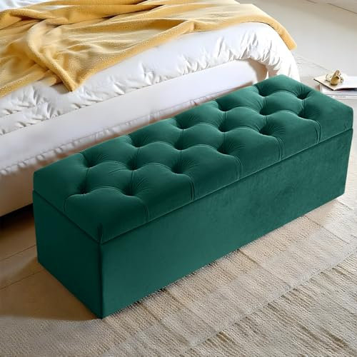 Harveys Living Chesterfield Ottoman Storage Box - Fabric Button Style Engineered Wood Luxurious Plush Velvet Ottoman Storage Bench - (Green, No Legs)