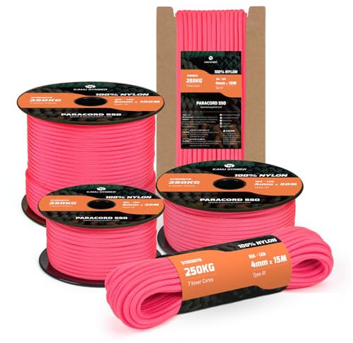 Kamu Synber 550 Paracord 4mm 15m Typ III Schnur 7 Stränge Nylon Seil Fallschirmschnur für Basteln, Outdoor, Camping, Survival | Tragkraft 250kg | Neonpink