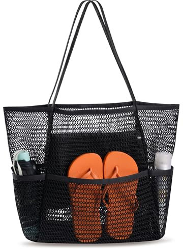 Haiane Strandtasche XXL Familie, Netztasche Einkaufstasche Mit Reißverschluss Innentasche, Faltbare Mesh Badetasche Damen, Saunatasche für Urlaub Sauna Sport Einkaufen Strand