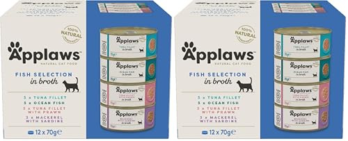 Applaws 100% Naturale Cibo Umido per Gatti Adulti Selezione Mista di Pesce in Brodo - 12 x 70g Lattine (Confezione da 2)