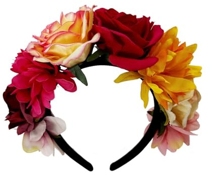SkyPOOU Buntes Rosen-Stirnband für Musikfestival, künstlicher Blumenkranz, Haarreif, Hochzeit, Braut, Verkleidungszubehör, Farbe: ca. 55–60 cm