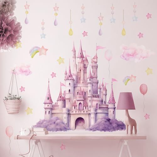 Runtoo Magische Prinzessinnenschloss-Wandaufkleber für Mädchenzimmer, abziehen und aufkleben, Wolkenstern-Wandaufkleber, Märchen, Kinderzimmer, Schlafzimmer, Dekoration