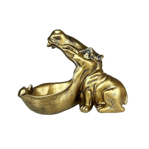 Hippo Fruit Plate, Key Bowl for Hallways Hippo Candy Dish Wide Mouth Resin Funny Candy Dish, Decorative Ceramic Hippo Ornament, Desktop Candy Jar, for Remote Controls Keys Cell, Candies (golden)