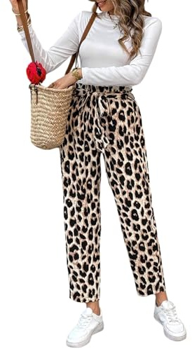 SweatyRocks Leo Hose Damen Weit Lockere Hosen Sommer 7/8 Damenhose Mit Gummizug Weite Hose Locker Elegante Damenhose Mit Gürtel Strandhose