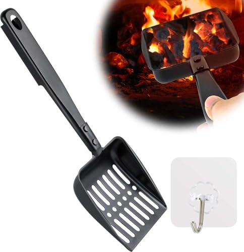 Fireplace Ash Sifter Shovel, 13Inch Hollow Out Fireplace Ash Sifter Metal Coal Shovel Heat Resistant Fireplace Scoop Charcoal Shovel Black Fireplace Shovel Ash Sifter with Self-Adhesive Hook for Stove