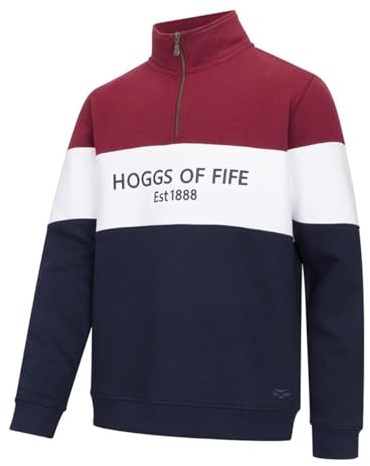 Hoggs of Fife Dumfries 1888 Gents 1/4 Zip Sweatshirt - Burgundy/White/Navy 60% cotton, 40% polyester, Quarter length with branded zipper puller