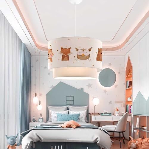 lux.pro Kinderzimmer Lampe Lurgan Deckenleuchte E27 LED-geeignet Hängelampe mit Stoffschirm doppelt Waldtiere-Motiv 70 cm hoch Weiß
