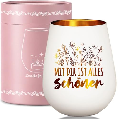 Besondere Valentinstag Windlicht Glas, Geschenk für Freundin Frauen Mädchen Frau Mama Schwester Tochter Tante Lehrer zum Geburtstag Hochzeitstag, Teelichthalter mit Spruch: Mit dir ist Alles schöner
