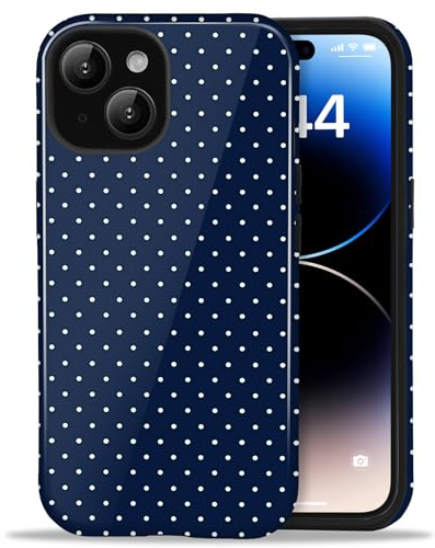 Amzfield Case for iPhone 15, Small Polka Dot Dual Layer Retro, Navy Blue | Small Polka Dot Dotted Dual Layer Shockproof Retro Cute Girly for Girl Women Drop Protection Precise Cutouts Impact Resistant