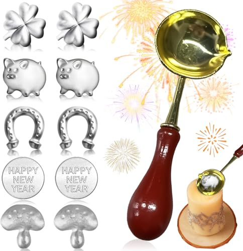 Benaton 11 Stück Zinngießen Zinn Set mit 10 Zinnfiguren und 1 Löffeln, Zinngießen Silvester Spiele Set für Silvester Glücksbringer Geschenke, Zinngießen Silvester Spiele Set für Partyspiele Deko