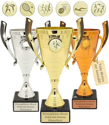 Pokalmatador Pokal mit Wunschtext – 22 cm - Gold, Silber oder Bronze - personalisierbar mit Gravurschild und Emblem - Trophäe für Sport, Geburtstag, Firmen, Schule, Kinderwettbewerb