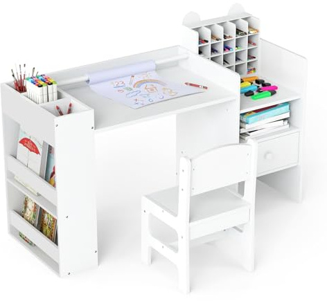 INFANS Kids Art Table and Chair Set, Wooden Multi Activity Desk with Easel Removable Storage Organizer Drawers 2 Storage Bins, Toddler Furniture for Drawing Arts Crafts (White, 107.5 * 40 * 60 cm)