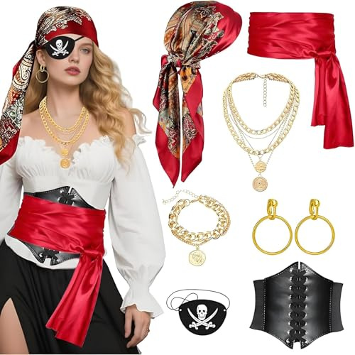 ITJMRJP Piratenkostüm Damen Zubehör Pirate Accessories Piraten Kostüm Frauen Zubehör Set mit Piraten kopftuch Piratin Schärpe Augenklappe für Karneval Halloween Cosplay(Rot)
