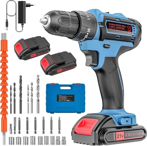21V Akkuschrauber Set mit Koffer – 2×2000 mAh Akkus, 2-Gang, 25+3 Drehmomentstufen, 10 mm Schnellspannfutter, LED & 24-tlg Zubehör – Für Zuhause, Möbelbau & Renovierung