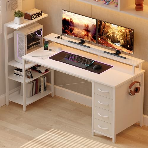 YOUDENOVA Gaming Schreibtisch 130 * 50cm,Gaming Tisch mit LED-Beleuchtung & Steckdose,Computertisch mit Schubladen,Carbon Fiber weiß