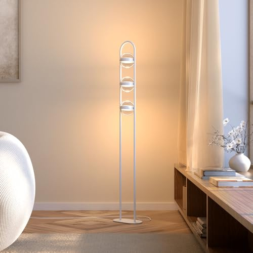 NEONA VIVA LED Stehleuchte Schwarz dimmbar per Fußschalter – Stehlampe 3 drehbare Glaskugeln 360°, warmweiß 2700K, 24W, 2340lm, Höhe 140cm (Weiß)