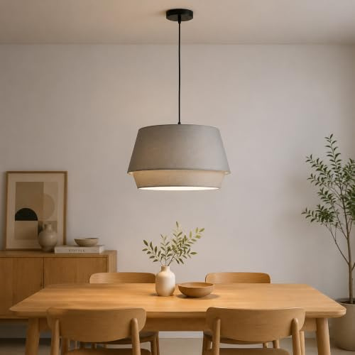 MinteVolt Hängelampe Ø34cm – Pendelleuchte Esstisch Wohnzimmer Stoff Grau | blendfrei, höhenverstellbar, für Küche, Schlafzimmer, Flur, E27, leicht zu montieren, modernes Design, minimalistisch